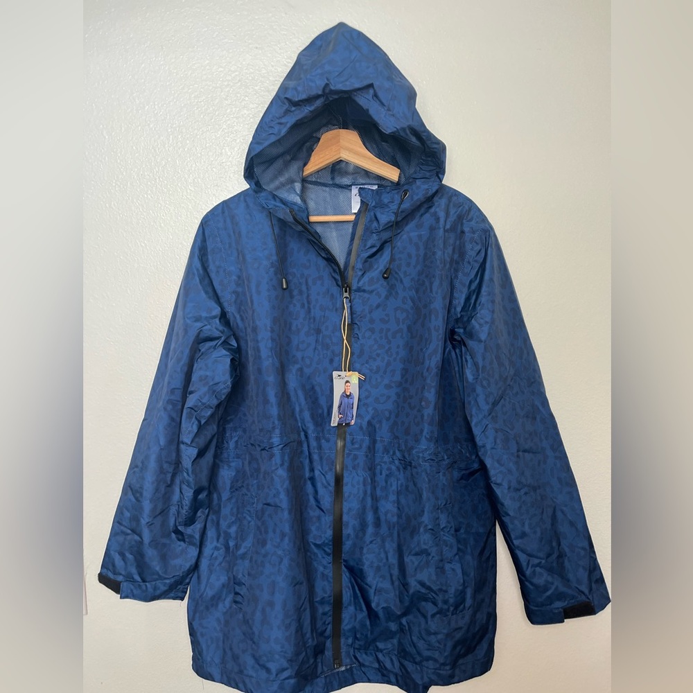 NWT -Crane Hooded Cinch Waist Rain Jacket/Coat - Blue/black Leopard - Size  8-10